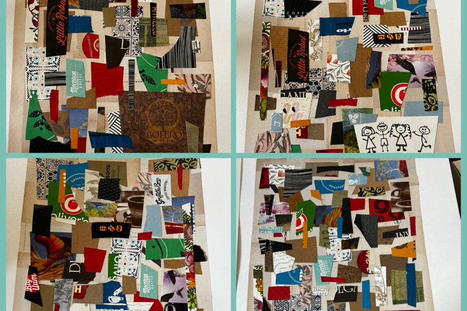 Collage artwork made from assorted paper scraps and business-card-sized pieces arranged on a beige background, presented as four panels.