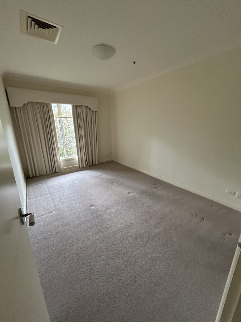 Empty beige room with carpet, a window with cream curtains, and a doorway visible; natural light from outside fills the space (bedroom or living room).