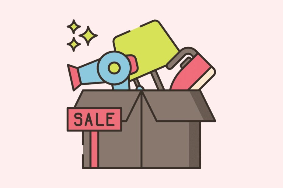 Cartoon illustration of a brown cardboard box overflowing with items and a pink 'SALE' sign.
