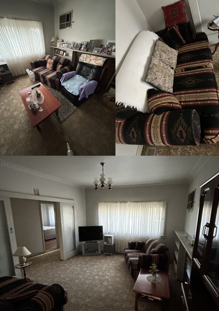 Collage of a cozy, vintage living room: a striped sofa and black chair with a blue throw, a wooden coffee table, and a wall lined with framed photos; patterned cushions and a white throw on another sofa; a carpeted floor and large window with sheer curtains.